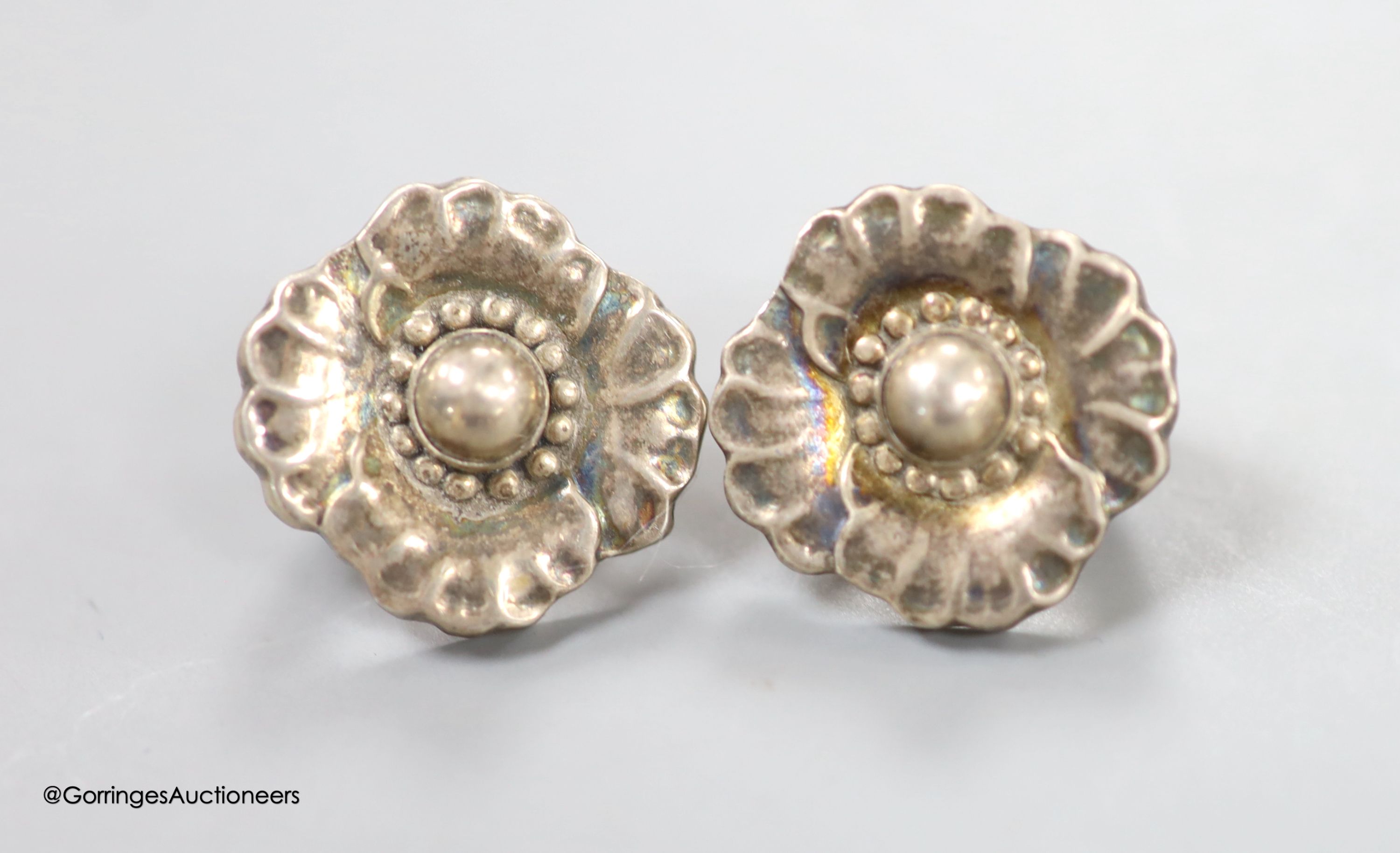 A pair of Georg Jensen 925 flower head ear clips, design no. 49, 18m, 7.6 grams.